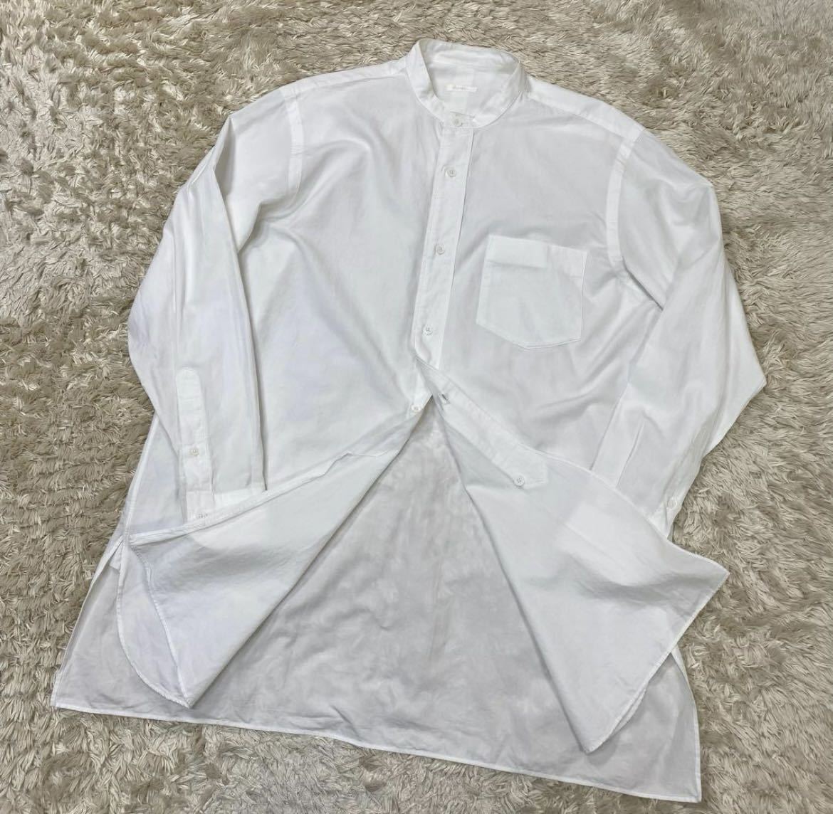 1円　極美品　コモリ　COMOLI バンドカラーシャツ　スタンドカラーシャツ　白 長袖 シャツ ホワイト 0サイズ　R01-02002 3892_画像2