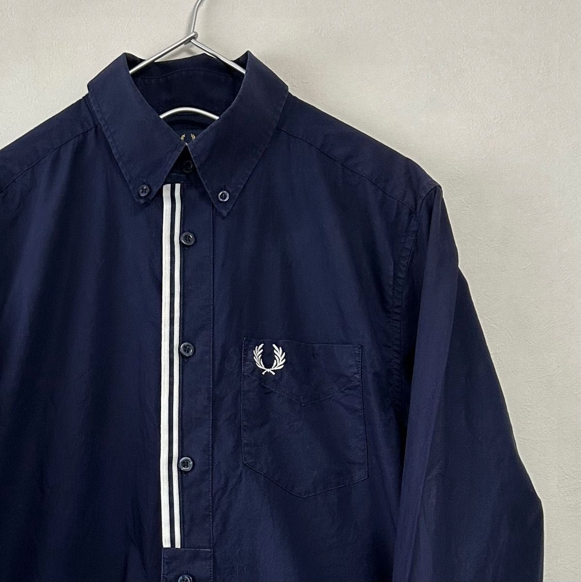 古着 90s FRED PERRY 長袖フロントテープシャツ ネイビー