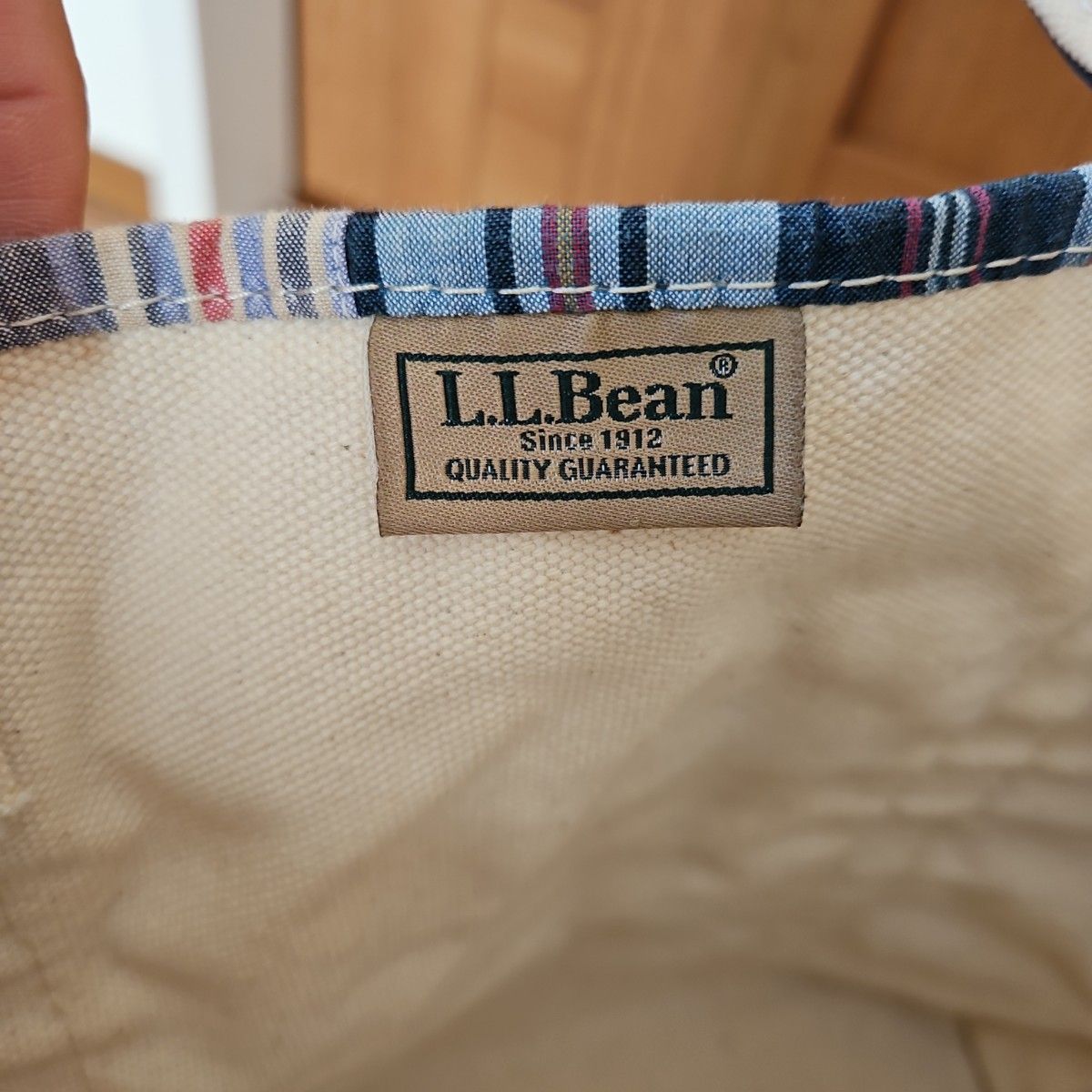 L L Bean ブルー系マドラスチェックパッチワークトートバッグ 美 L L Bean ブルー系マドラスチェックパッチワークトートバッグ 美
