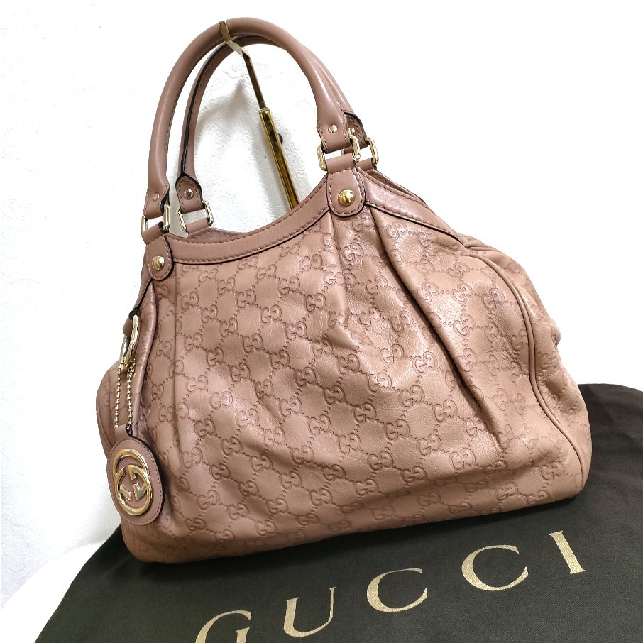 美品 GUCCI 高級 シマレザー GG ハンドバッグ ピンク レザー グッチ グッチシマ シマ チャーム_画像4