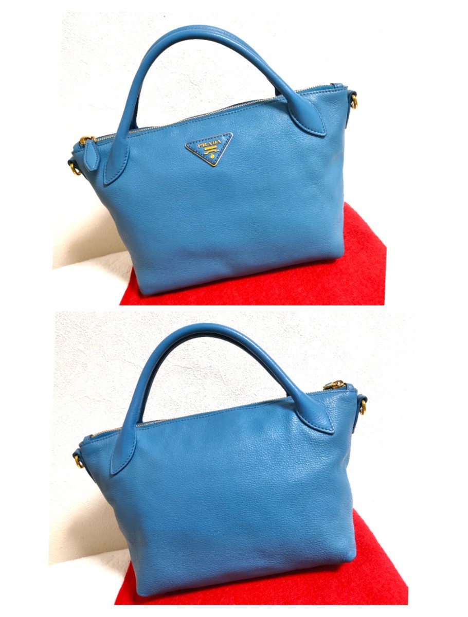 極美品 PRADA 水色 ヴィッテロ 2way ゴールド ハンドバッグ ショルダーバッグ レザー プラダ シボ革 ヴィッテロダイノ 美品 斜め掛け_画像5