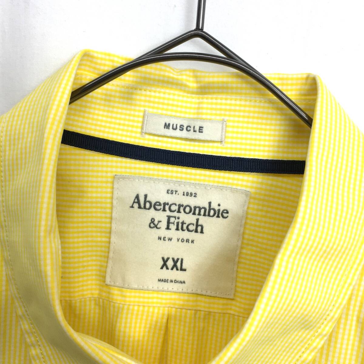 KZ7695★Abercrombie&Fitch : MUSCLE ギンガムチェック柄ボタンダウンシャツ★XXL★イエロー系 アバクロ_画像4