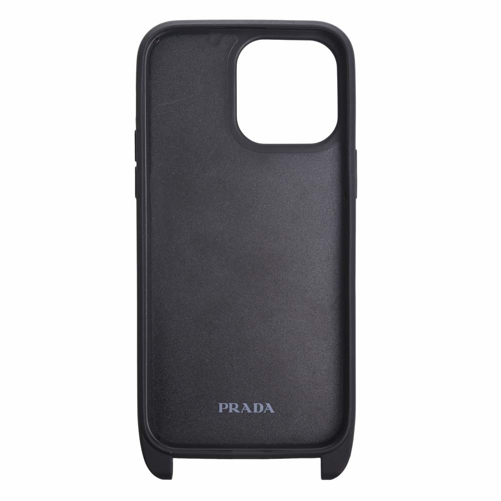 【中古】PRADA プラダ サフィアーノ トライアングルロゴ ショルダースト付 iPhone14 ProMax スマホケース ブラック レディース by_プラダその他服飾小物