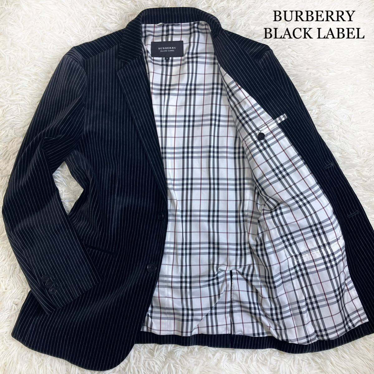 美品BURBERRY BLACK LABEL バーバリーブラックレーベル テーラードジャケット ベロア ノバチェック ストライプ 大きめS 黒 ブラック2B