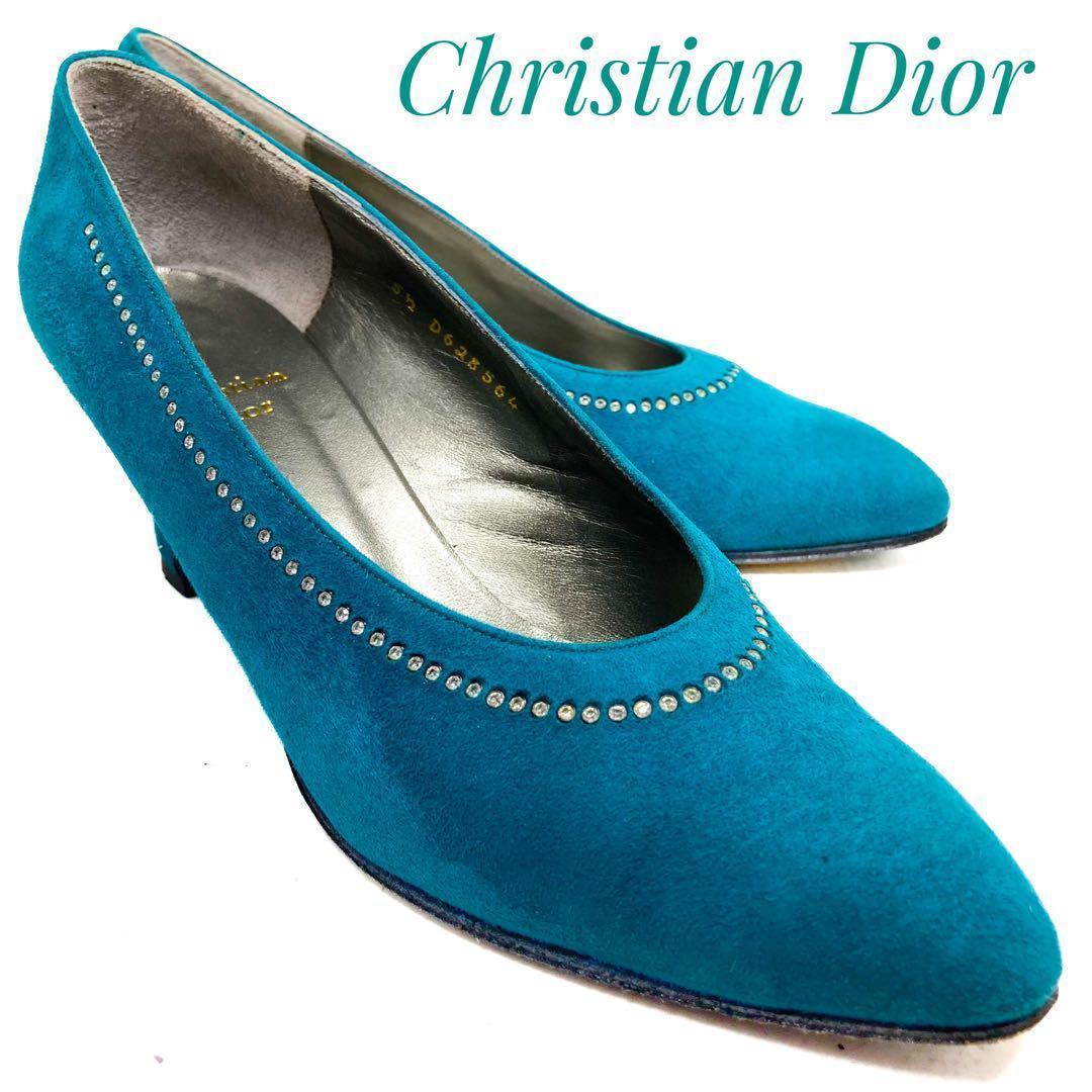 ☆即決・送料無料☆Christian Dior クリスチャンディオール スワロフスキー パンプス グリーン系 約22.5cm 革靴 本革 本皮 レディース_画像1