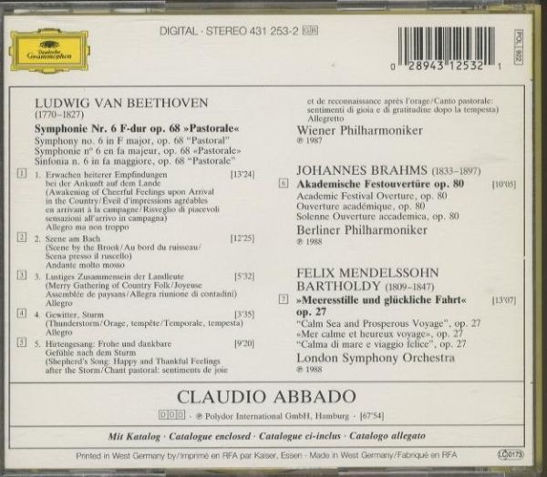 【DG】 ベートーヴェン：交響曲第6番「田園」、ブラームス：大学祝典序曲ほか　　アバド、ウィーンフィルほか　　-A225-　CD_画像2