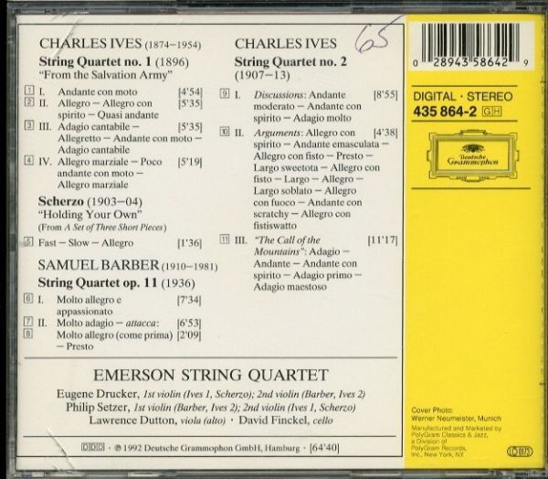 【DG】 アイヴズ、バーバー:弦楽四重奏曲集　 エマーソン弦楽四重奏団　　　-A304-　CD_画像2