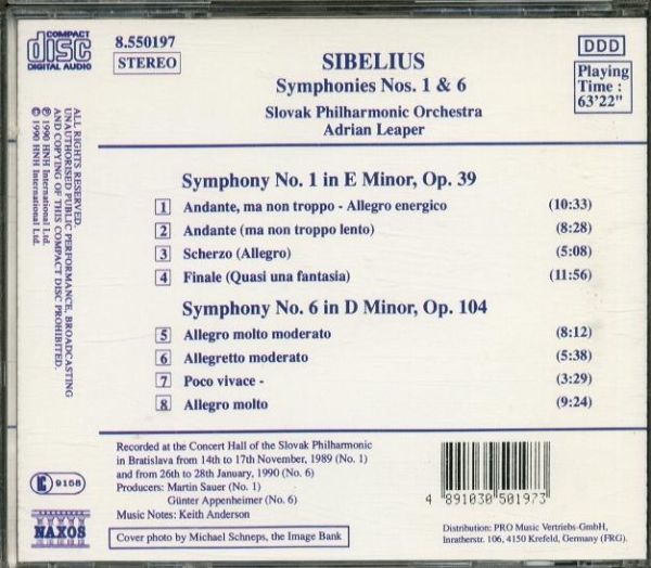 【Naxos】シベリウス　 交響曲 第1番 & 第6番　　 スロヴァキア・フィルハーモニー管弦楽団 / エイドリアン・リーパー　-A373-　CD_画像2