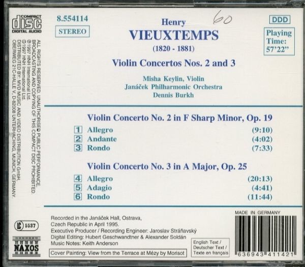 【Naxos】 アンリ・ヴュータン: ヴァイオリン協奏曲 第2番・第3番　　 ヤナーチェク・フィルハーモニー管弦楽団　　-A267-　CD_画像2