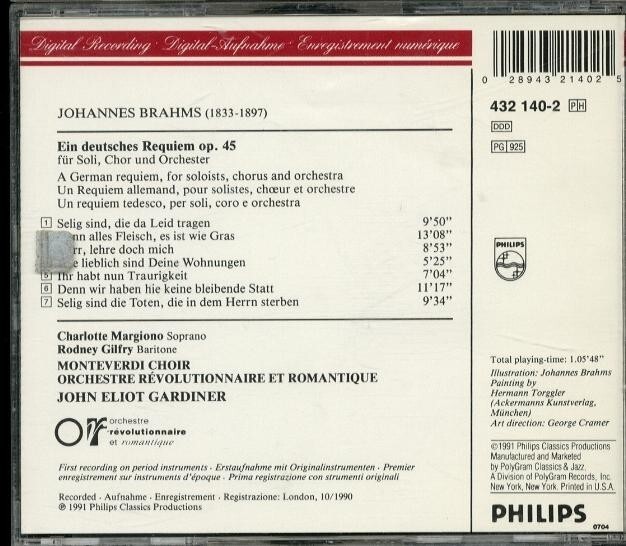 【PHILIPS】ブラームス：ドイツレクイエム　ガーディナー、オルケストル・レヴォリューショネル・エ・ロマンティーク　　　　-A488-　CD_画像2