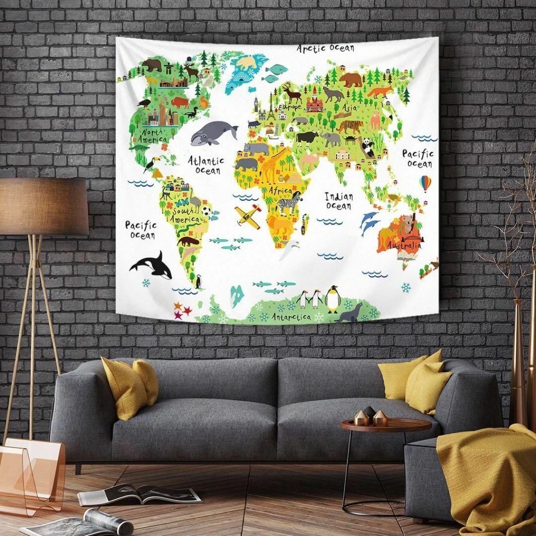 世界地図 タペストリー 可愛い動物 子供部屋 リビング　お勉強　インテリア 布製 150×130_画像1