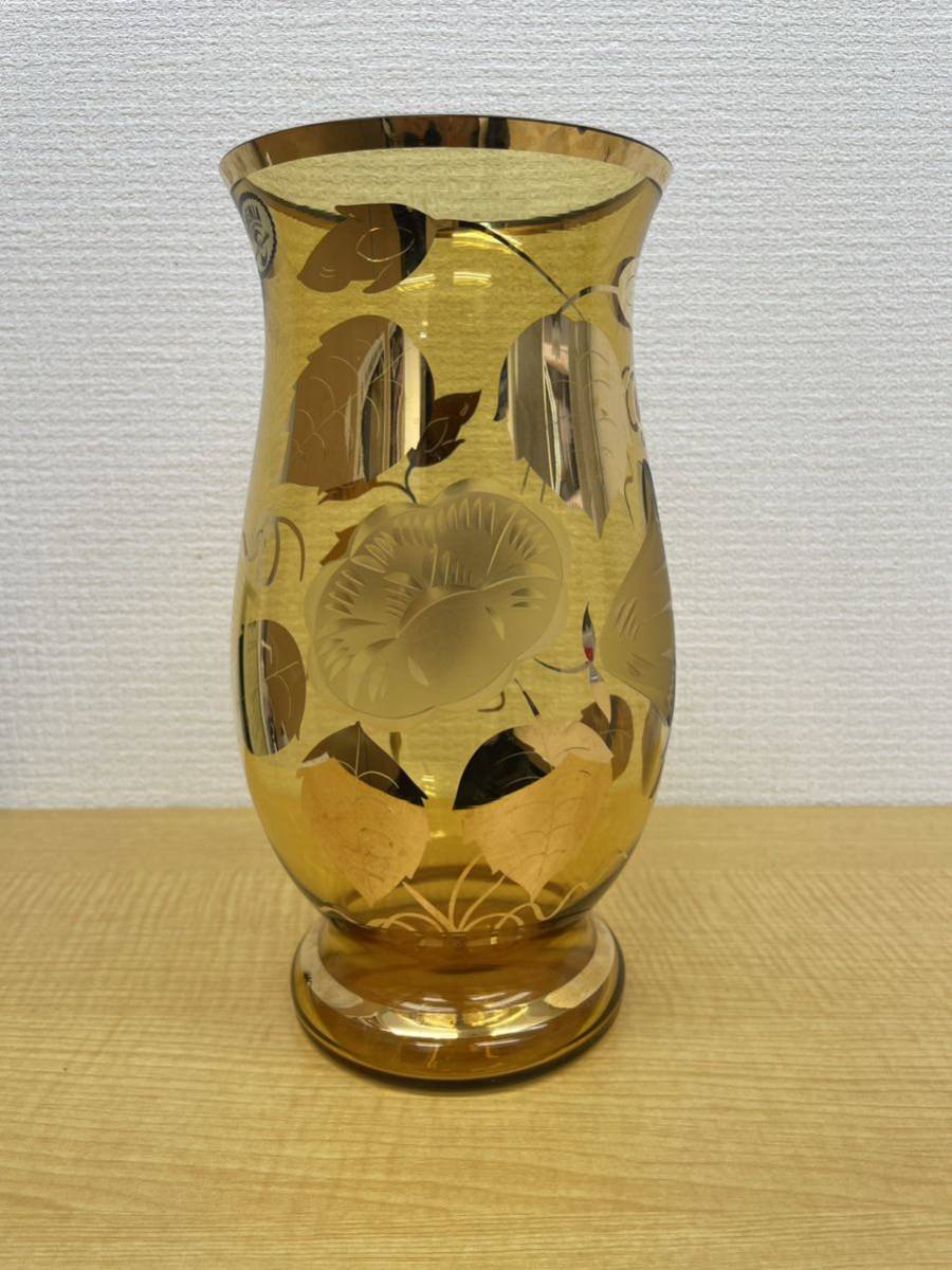 BOHEMIA ボヘミアクリスタル フラワーベース 花瓶 琥珀色 アンバー 金彩 チェコ製 _画像1