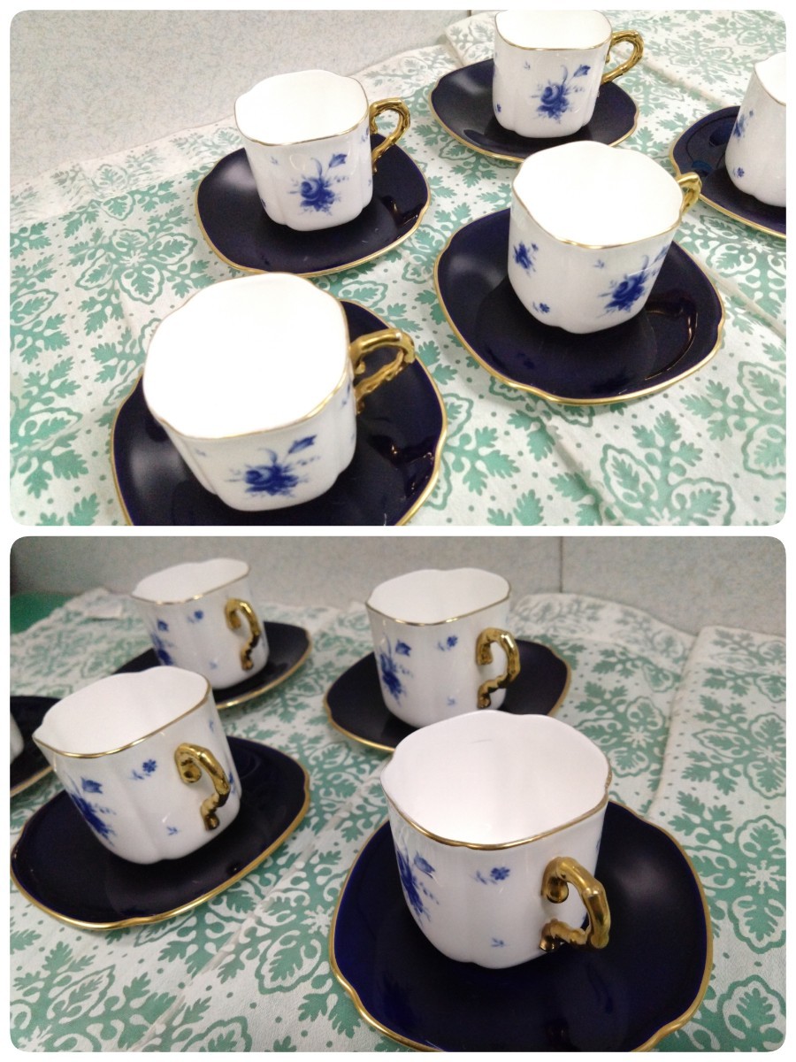 ● レトロ ヴィンテージ 三郷陶器 Magna Sango china コーヒー碗皿 カップ＆ソーサー 5客 金彩 白地 藍色 瑠璃色 繊細 薔薇 柄 日本製 ②の画像2