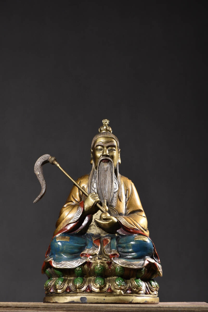 安いそれに目立つ 銅製・彩繪・金鍍・太上老君像『収蔵家蔵』稀少珍品・置物・古賞物・中国古美術 仏像