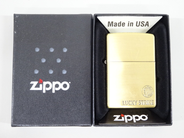 2004年製 ZIPPO ジッポ BRASS LUCKEY STRIKE ラッキーストライク ブラス インディアン ゴールド 金 オイル ライター USA 2面加工_画像1