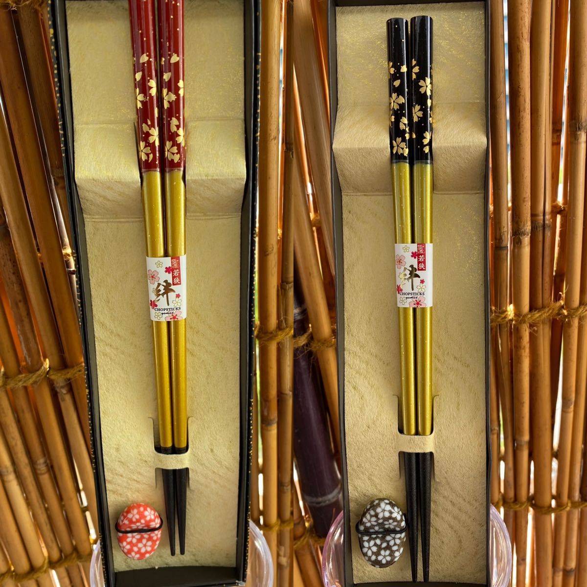新品！日本製　若狭塗　絆箸＆箸置き２膳セット　赤＆黒