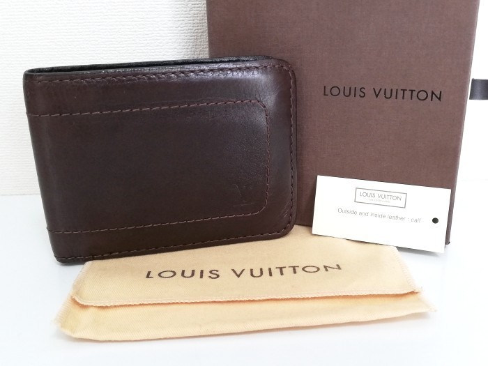 S1947●ルイヴィトン LOUIS VUITTON ユタ レザー 札入れ 2つ折り財布 ダークブラウン系