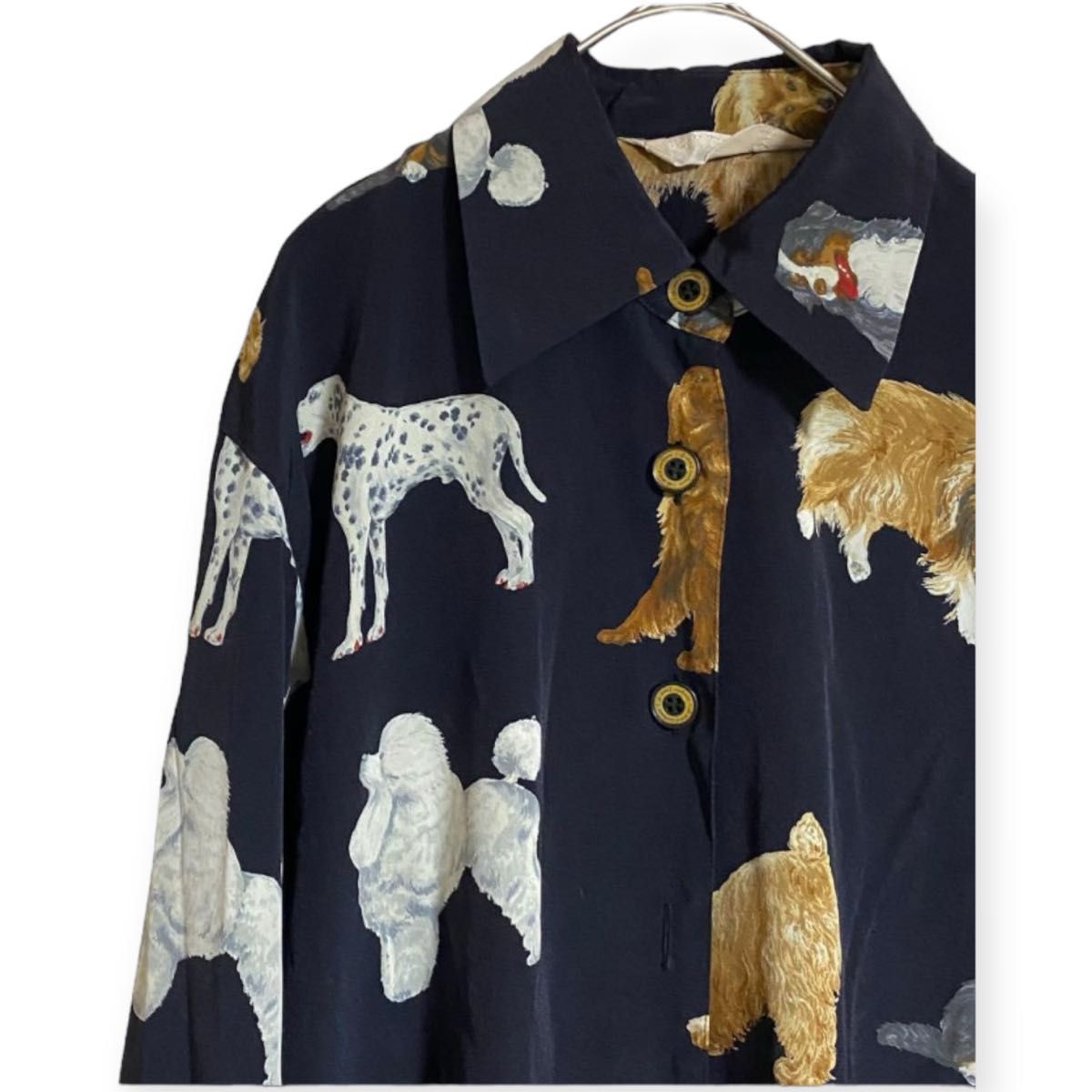 オーバートウェンティー デザインシャツ ドッグ 犬柄 紺色 9AR M  総柄 古着 長袖シャツ トップス シャツ