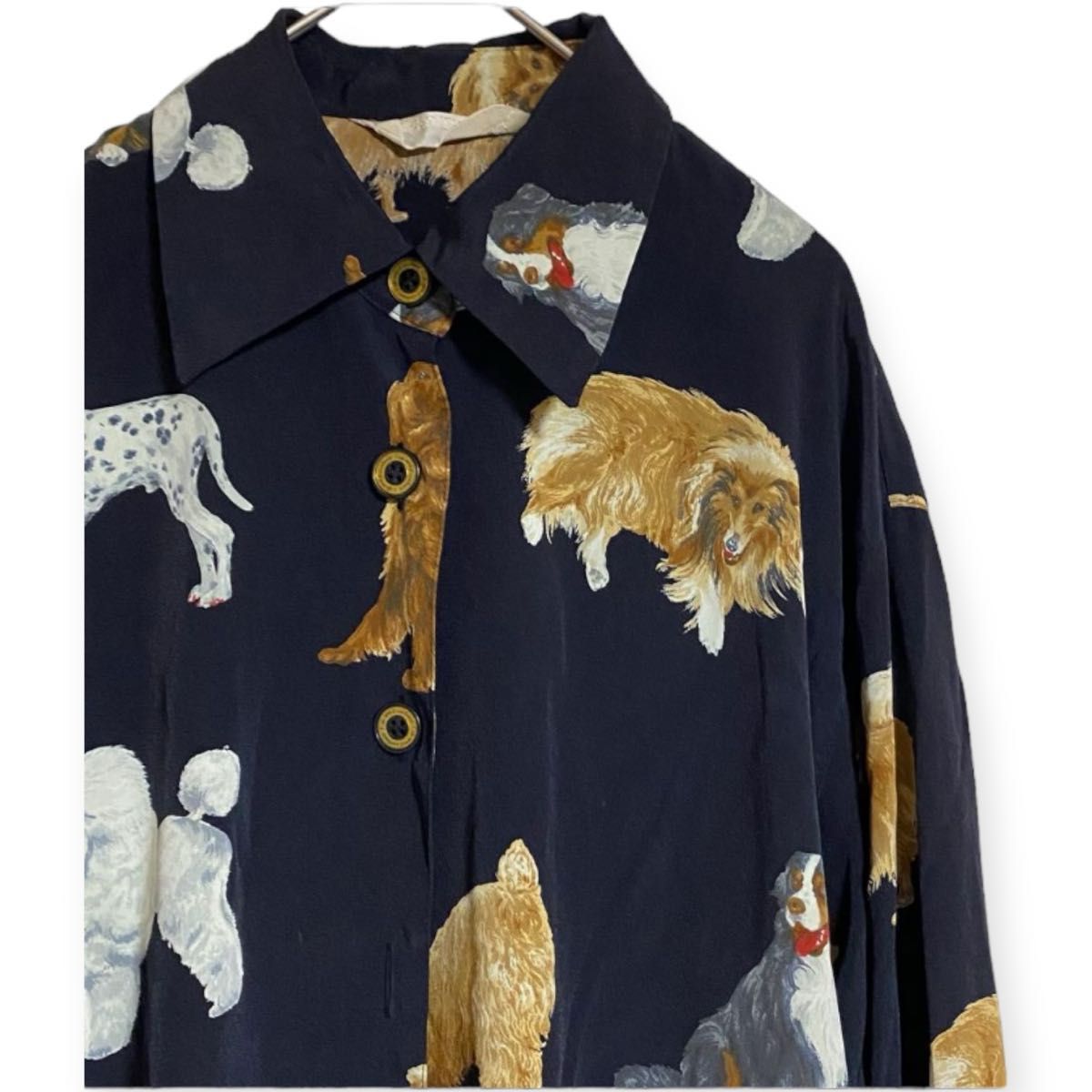 オーバートウェンティー デザインシャツ ドッグ 犬柄 紺色 9AR M  総柄 古着 長袖シャツ トップス シャツ