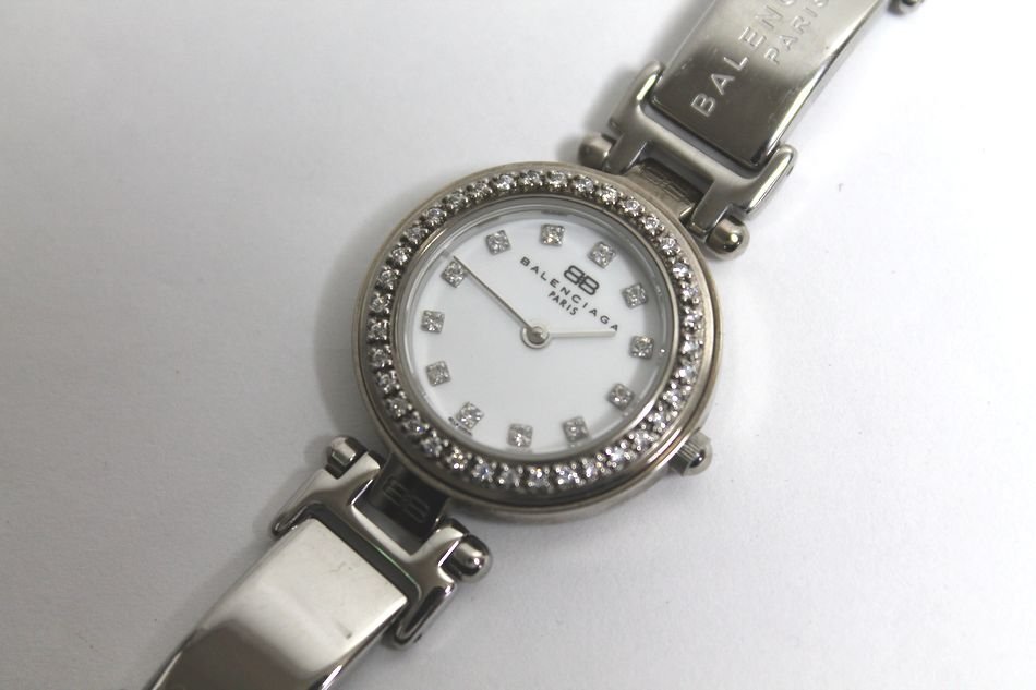 動作品 BALENCIAGA ラインストーン レディース 腕時計 2針 SS 女性用 クォーツ ホワイト系 シルバー系 バレンシアガ 中古 USED品