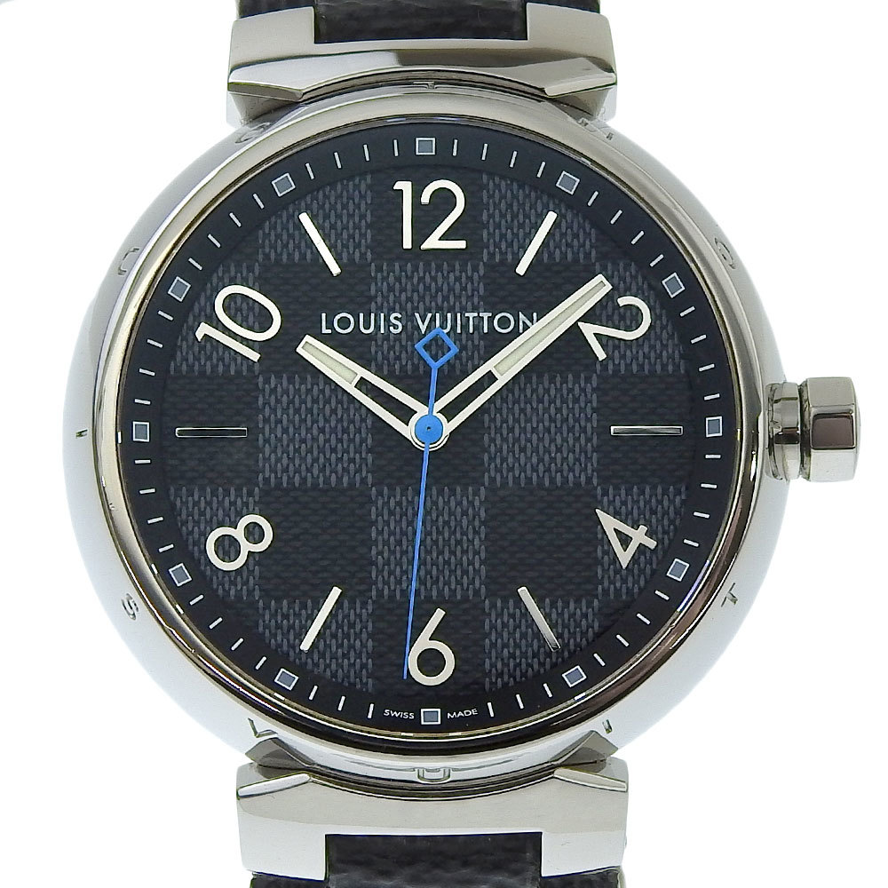 【本物保証】 超美品 ルイヴィトン LOUIS VUITTON ダミエ グラフィット タンブールGM メンズ クォーツ 電池 腕時計 青針 QA073