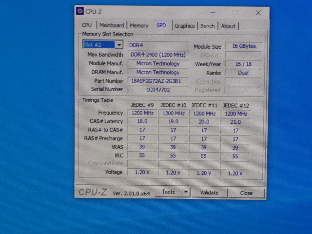 メモリ デスクトップパソコン用 Micron DDR4-2400 PC4-19200 ECC Unbuffered 16GBx4枚 合計64GB 起動確認済です④_画像6