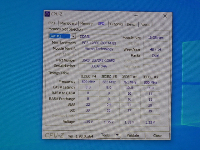 メモリ サーバーパソコン用 低電圧 1.35V Micron PC3L-12800R(DDR3L-1600R) ECC Registered 16GBx4枚 合計64GB 起動確認済みです_画像7