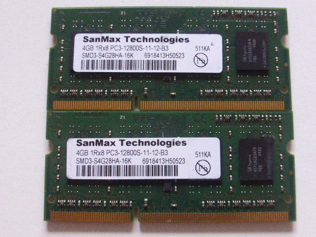 ノートパソコン用メモリ 両面チップ SanMax SK hynixチップ 1.5V DDR3-1600 PC3-12800S 4GBx2枚 合計8GB 起動確認済みです　_画像1