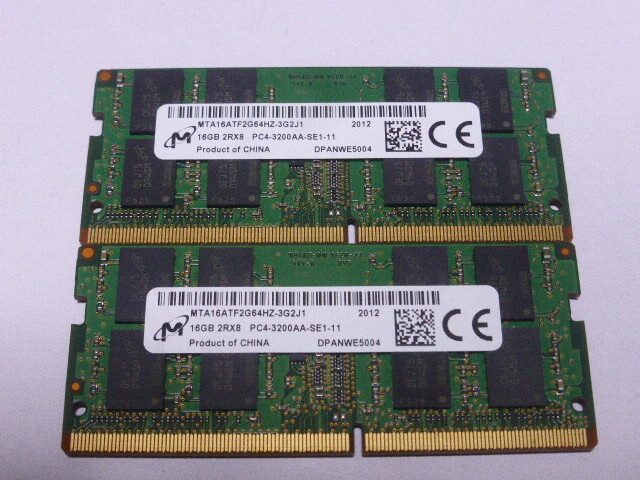 メモリ ノートパソコン用 1.20V Micron DDR4-3200 PC4-25600 16GBx2枚 合計32GB 起動確認済みです_画像1