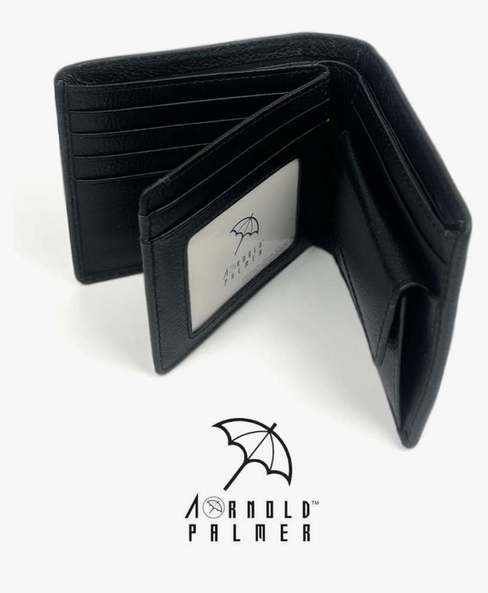 Arnold Palmer アーノルドパーマー 本革 中ベラ付き 二つ折り財 布 ウォレット 定期入れ　ブラック