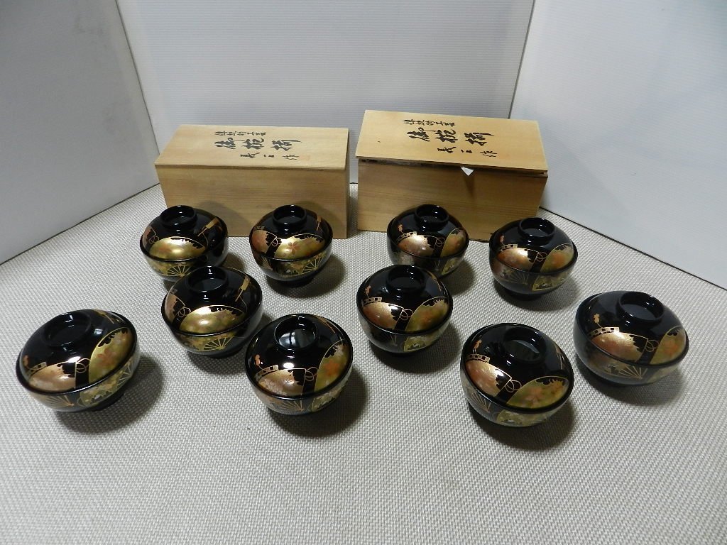 蓋付 姫吸椀揃　霞扇面　5客×2箱 傅統的工芸 漆器 義正作　伝統工芸品　 汁椀 　お吸い物　茶道具　会席_画像1