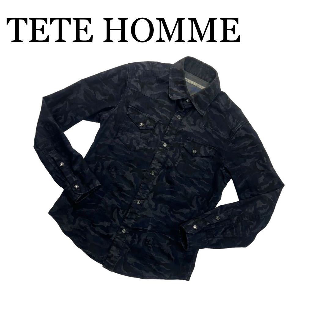 TETE HOMME テットオム 長袖シャツ 迷彩 ネイビー系 サイズ4