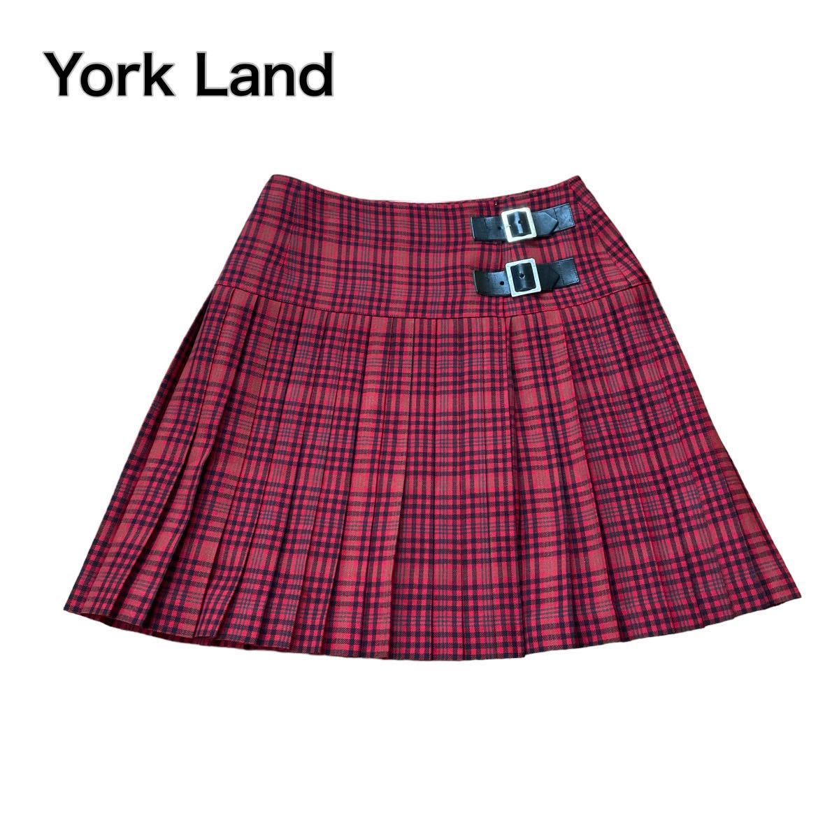 York Land ヨークランド チェック柄 プリーツスカート フレア 赤レッド ベルト付き11AR 大きいサイズ XL_画像1