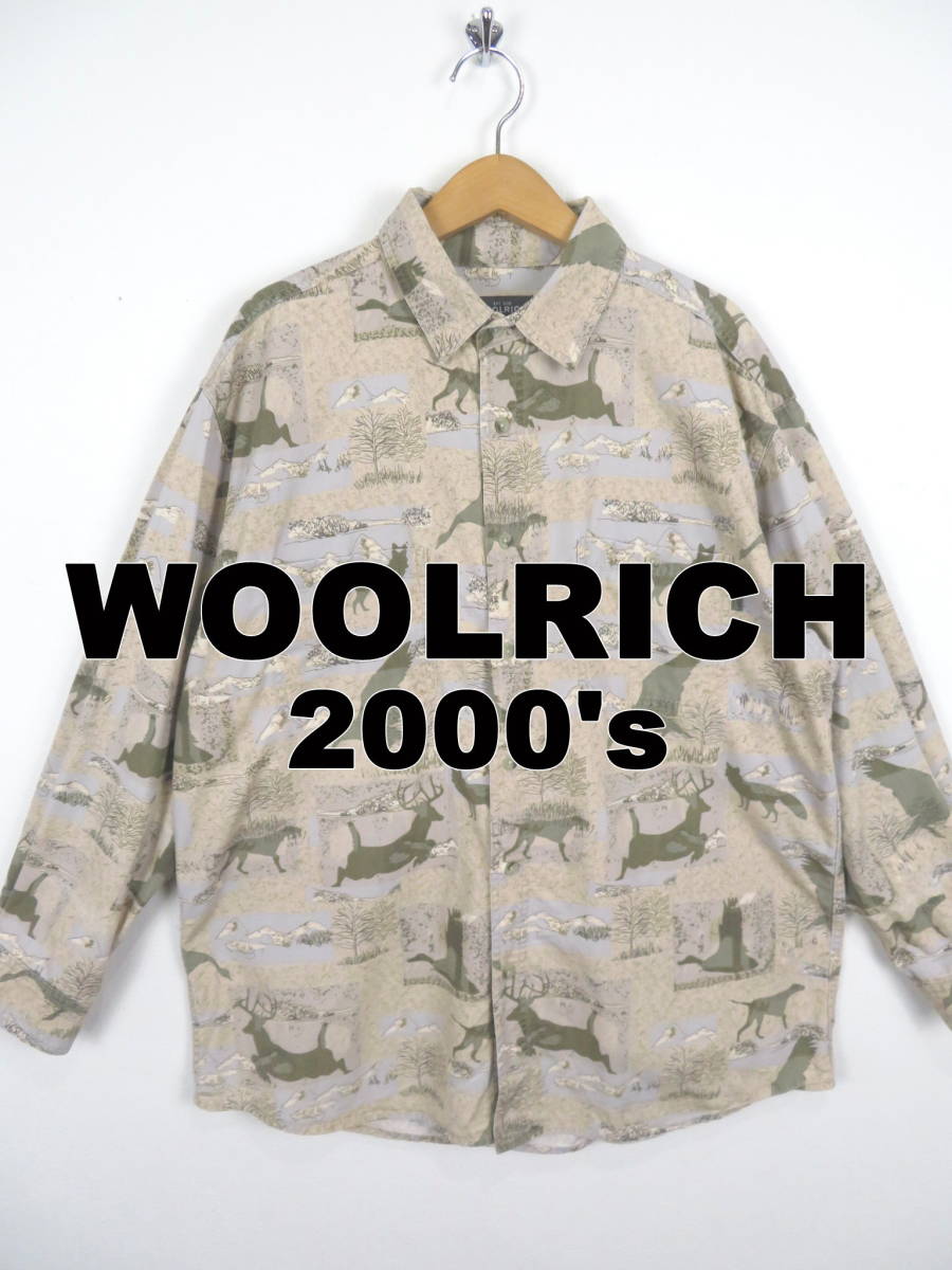 00s ウールリッチ ★ オオカミ シカ 鳥 総柄 長袖 コットンシャツ L ★ WOOLRICH 狼 鹿 アニマル柄 アメリカ USA 古着 アウトドア メンズの画像1