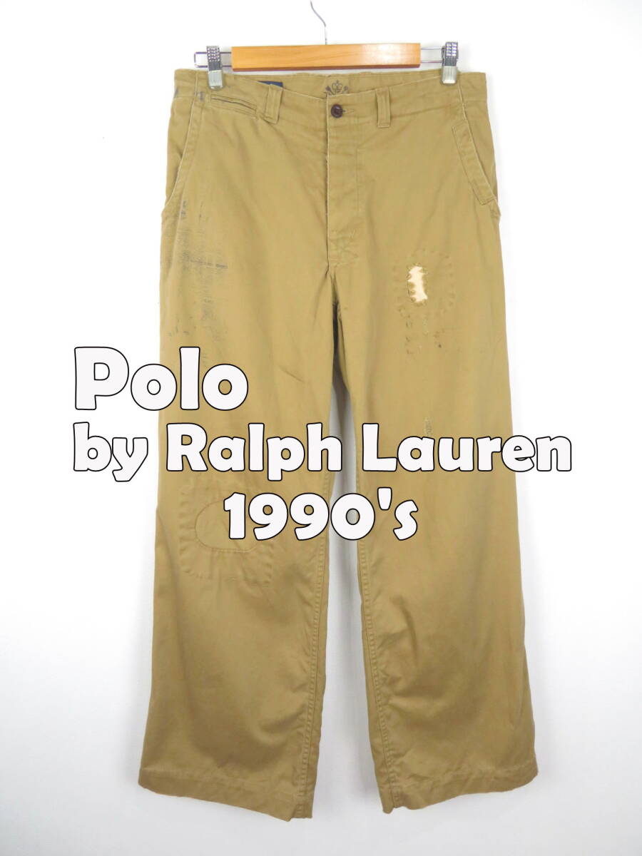 90s~ ポロバイラルフローレン ★ スタンプ ダメージ リアペア チノパン W32 ★ Polo by Ralph Lauren パンツ ミリタリー 海軍 US NAVY_画像1