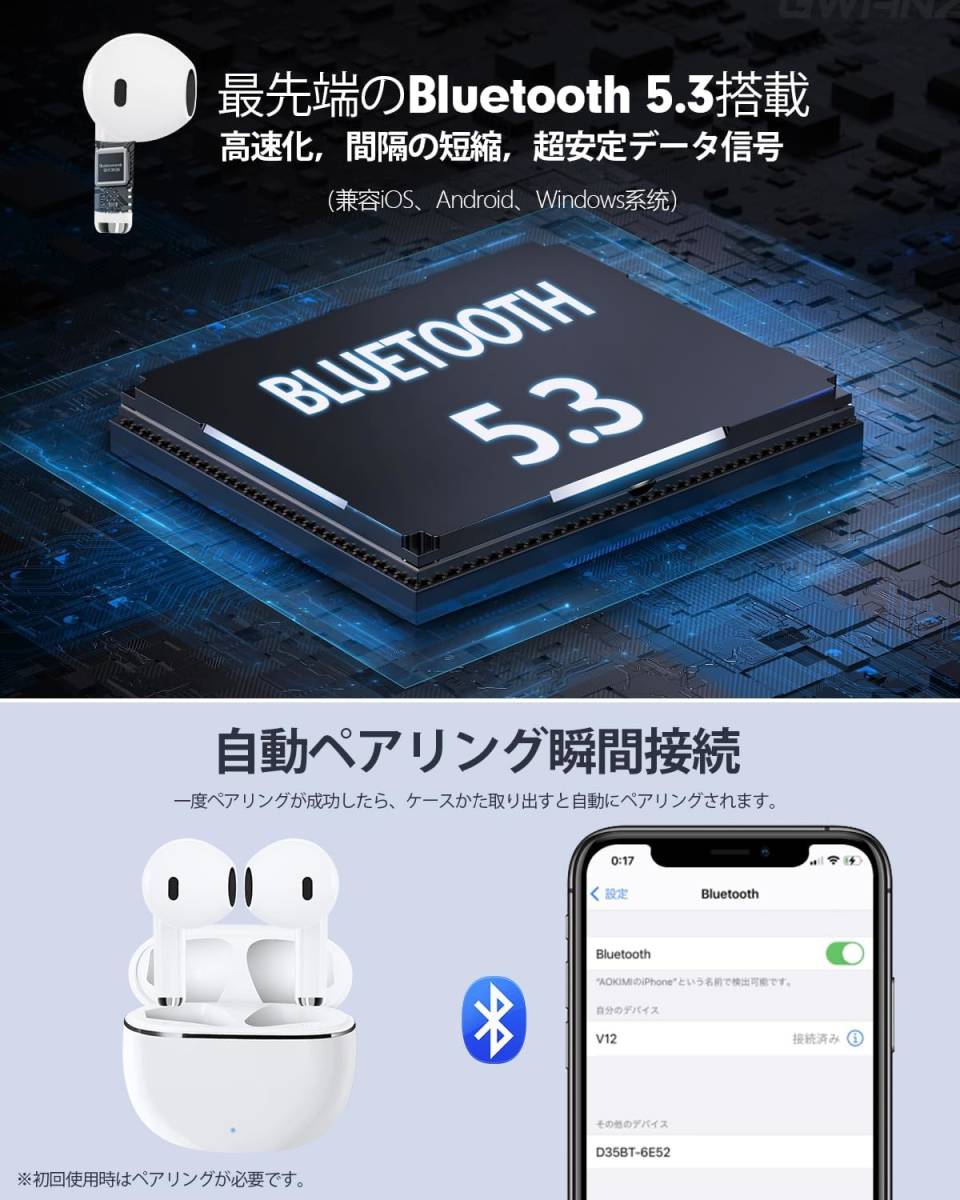 【Bluetooth5.3イヤホン】ワイヤレスイヤホン - AOKIMI bluetooth イヤホン ブルートゥース V12イヤホン 小型/軽量 I101_画像8