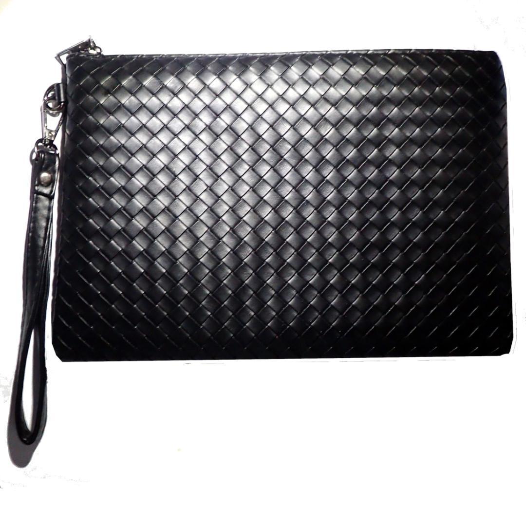 編み込み 編み上げ レザーバッグ クラッチバッグ セカンドバッグ ハンドバッグ かばん カバン 黒色 スマホ タブレット 財布の画像1