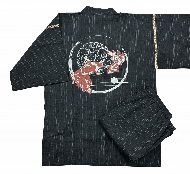 [ Edo ..] sample making half-price jinbei ... weave ... cotton 100%.. men's the 7 treasures goldfish ( back ) black L