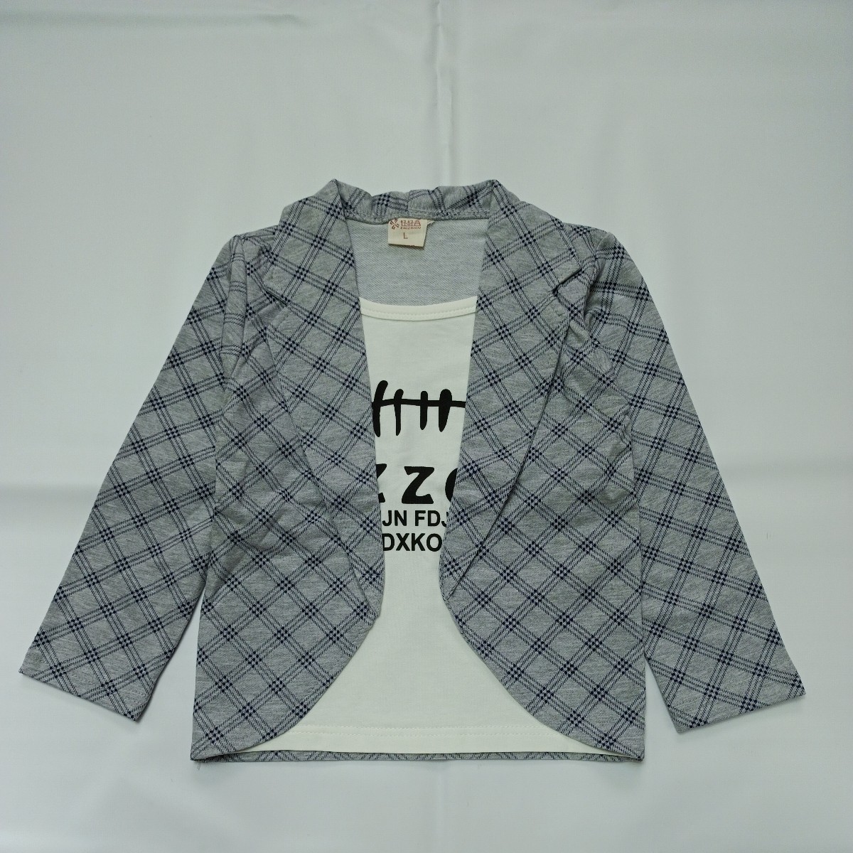 【100サイズ】【未使用】キッズ ジュニア 子供 男の子 100 ジャケット 重ね着風 Tシャツ プリント チェック 長袖 春服 秋服 カジュアル