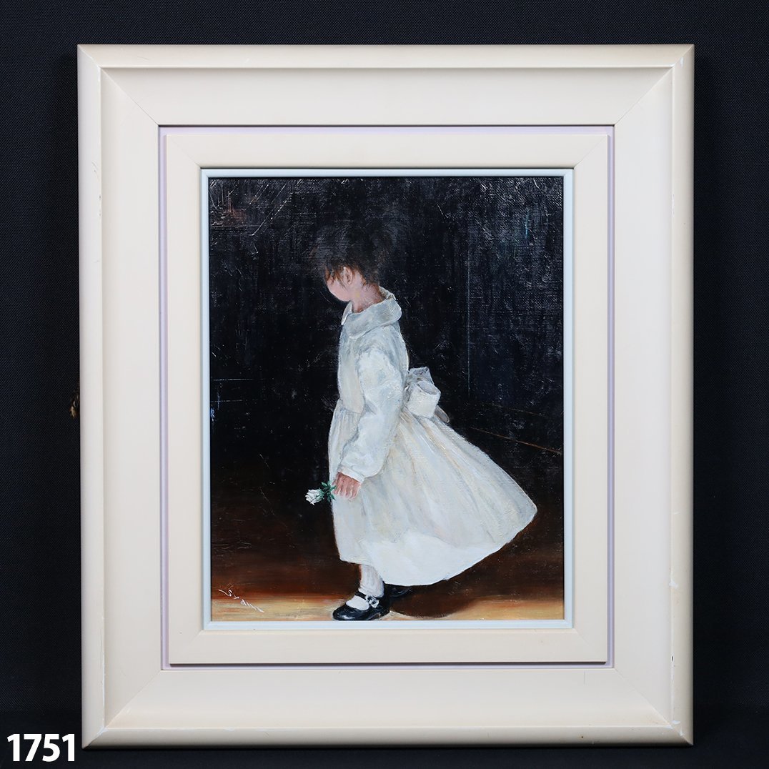 山﨑茂行 「白いバラを持つ少女」 油彩 油絵 絵画 美術品 アート作品 縦41.5cm×横36.5cm 1751_画像1