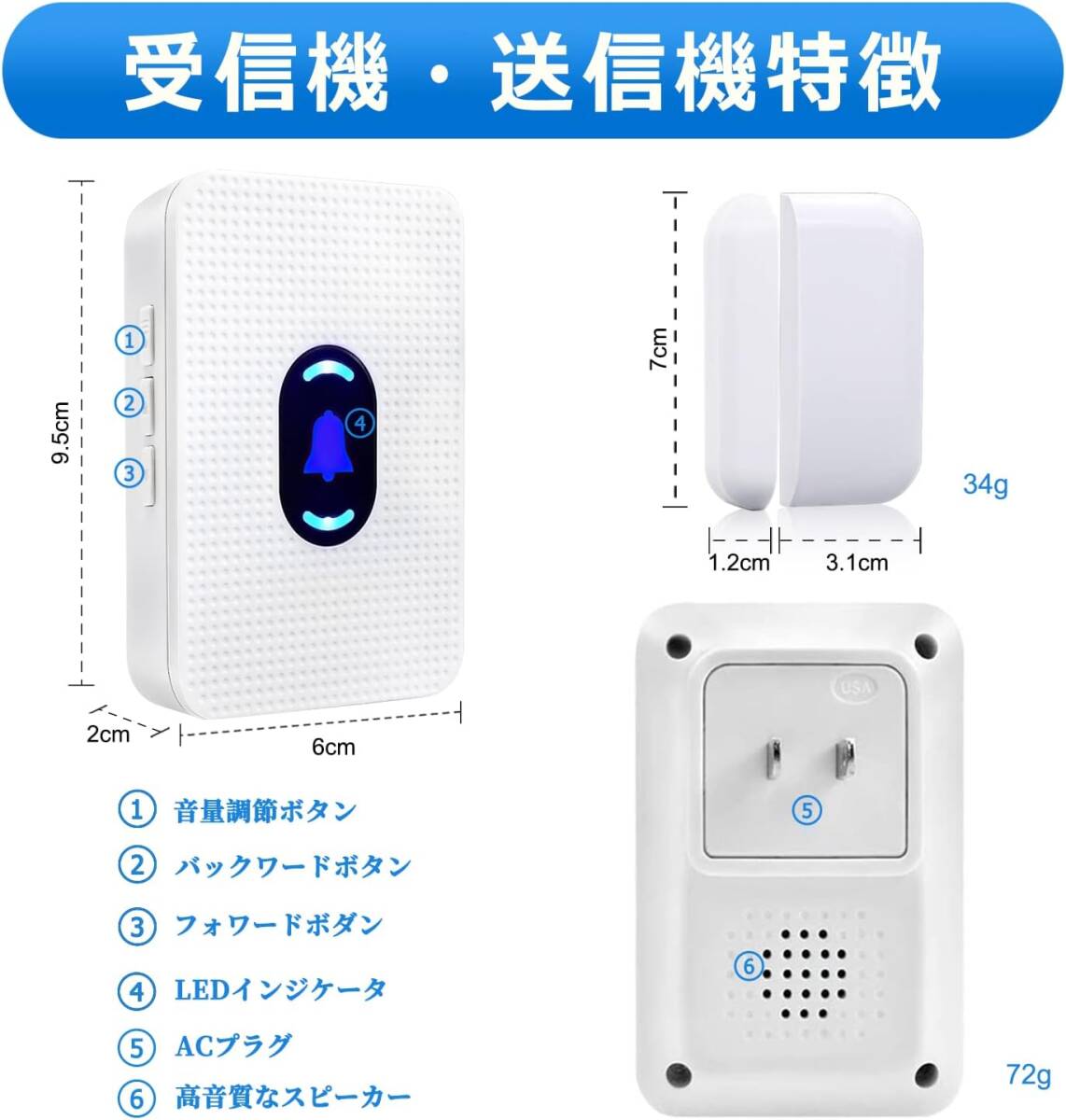 DAYTECHドアセンサー,コンセント式ドアベルセンサー 音量調整できるドアベルチャイム 玄関ドア開閉センサー 部屋 事務所 店舗_画像7