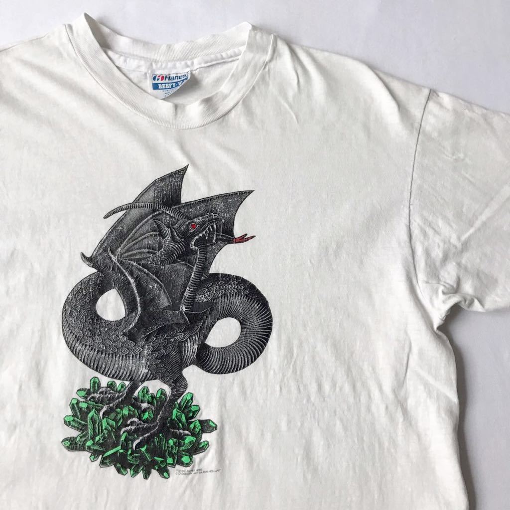 87年 MC Escher ドラゴン Tシャツ L ホワイト USA製 Hanes ビンテージ 80s 80年代 MCエッシャー だまし絵 騙し絵 アメリカ製 オリジナル_画像1