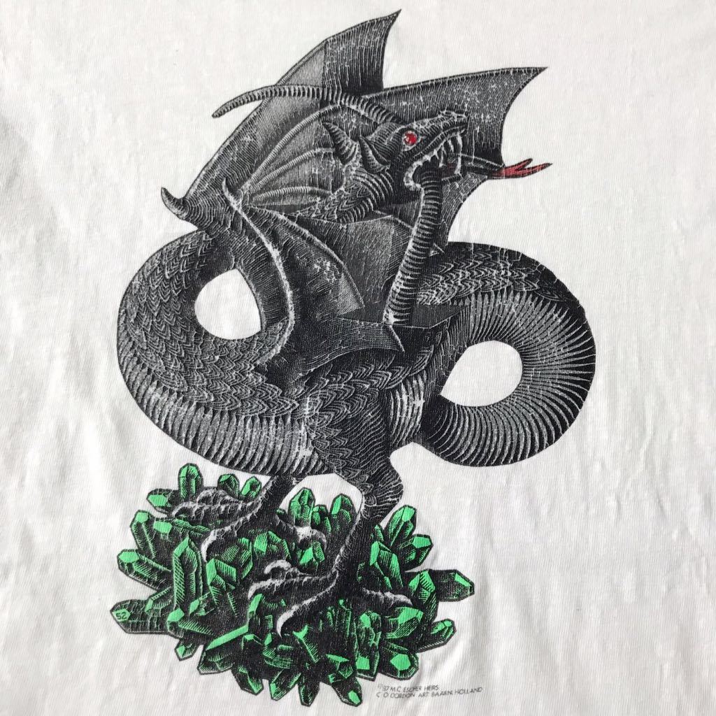 87年 MC Escher ドラゴン Tシャツ L ホワイト USA製 Hanes ビンテージ 80s 80年代 MCエッシャー だまし絵 騙し絵 アメリカ製 オリジナル_画像7