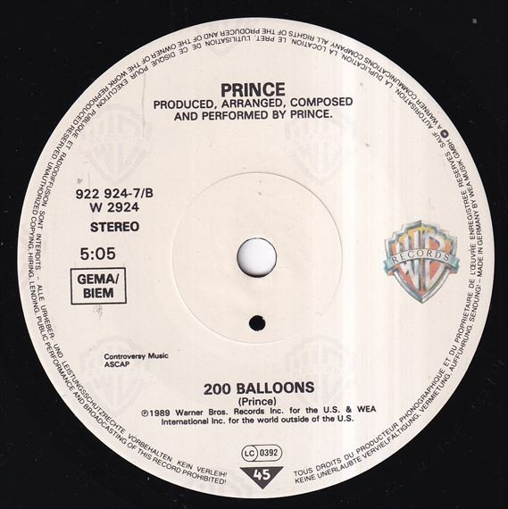 Prince - Batdance (Edit) / 200 Balloons (A) L662_7インチ大量入荷しました。