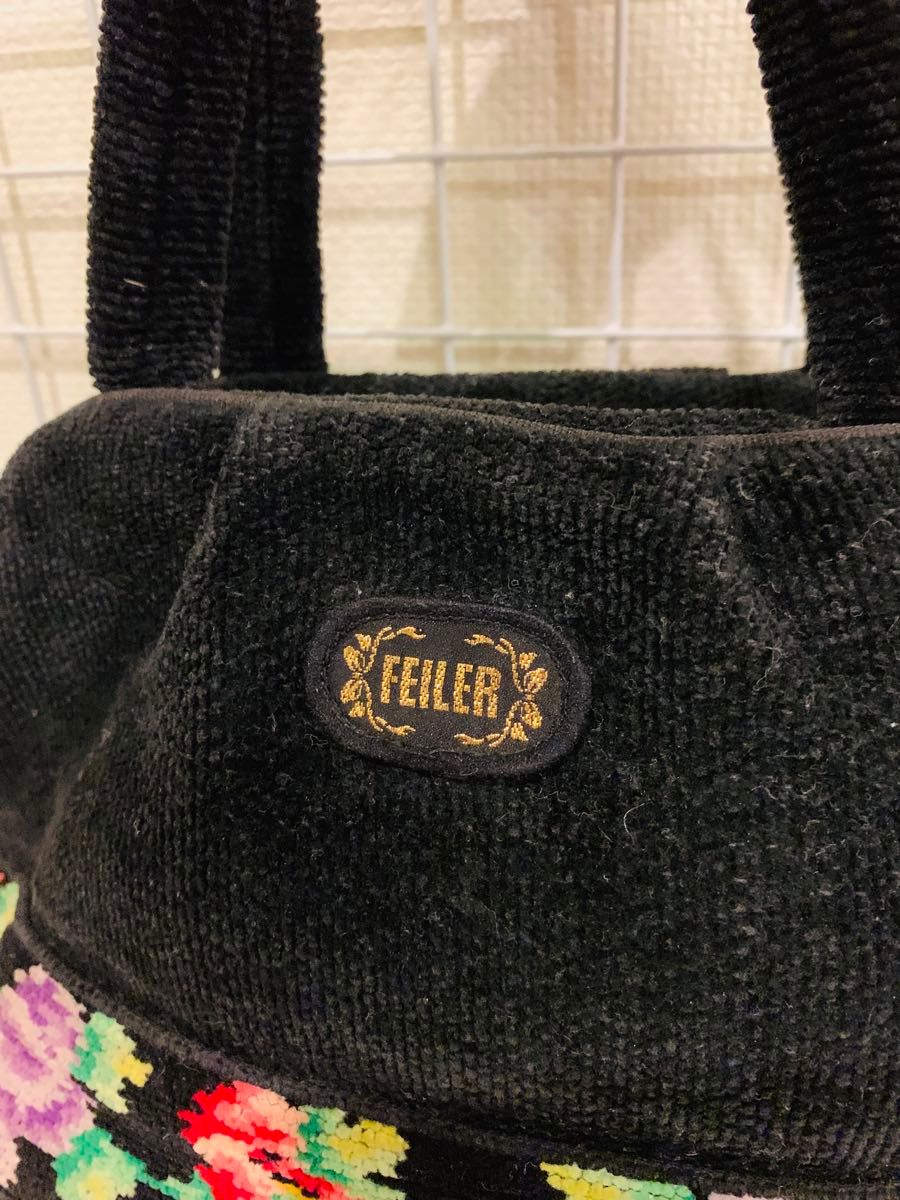【まあまあ美品】 FEILER フェイラー トート　ハンドバッグ ミニバッグ ブラック 花柄 黒 シュニール織 バッグ