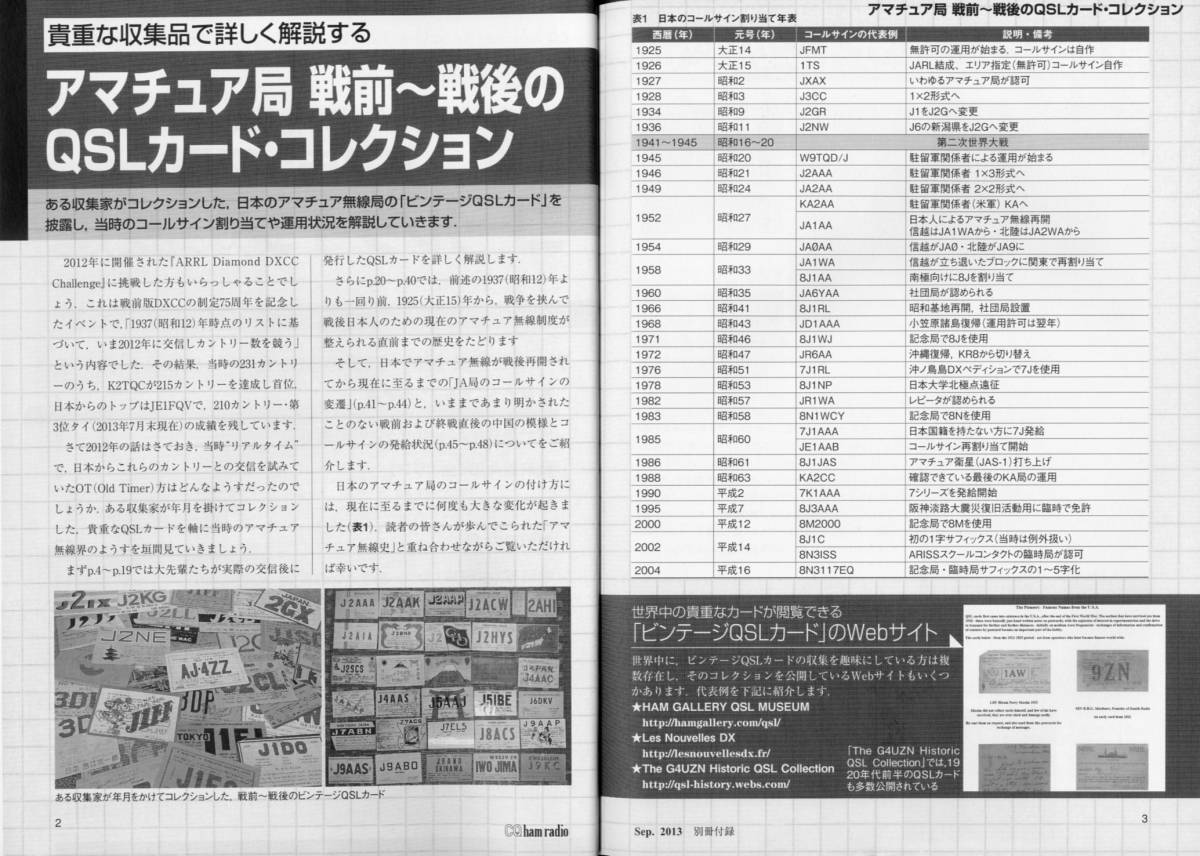 送料不要。【CQ　2013-9　集合住宅での無線やマンションでの許可取得+別冊「コールサインの変遷」ビンテージQSL