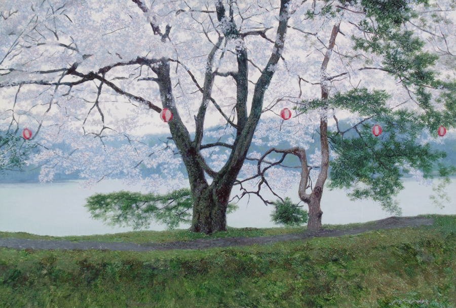 真作保証 尤勁東 12号『湖畔の桜』ユウ ジンドンYou Jindong現代中国画家 中国全国美術展金賞受賞 リアリズム 写実 三越個展 中国現代洋画_画像2