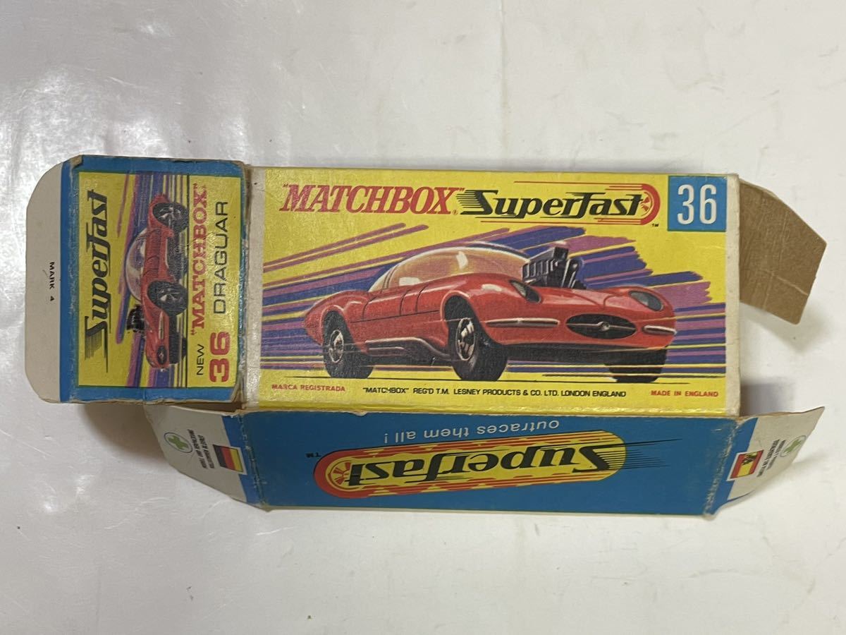 昭和レトロ 当時物 MATCHBOX マッチボックス　Superfast 36 HOT ROD DRAGUAR 1970 フタ破損の箱あり_画像9