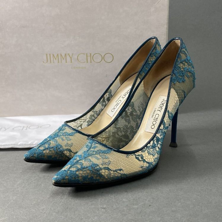 ◯3a26 《美品》 JIMMY CHOO ジミーチュウ イタリア製 ABEL アベル ハイヒール レース パンプス シューズ ポインテッドトゥ 36 1/2 ブルー