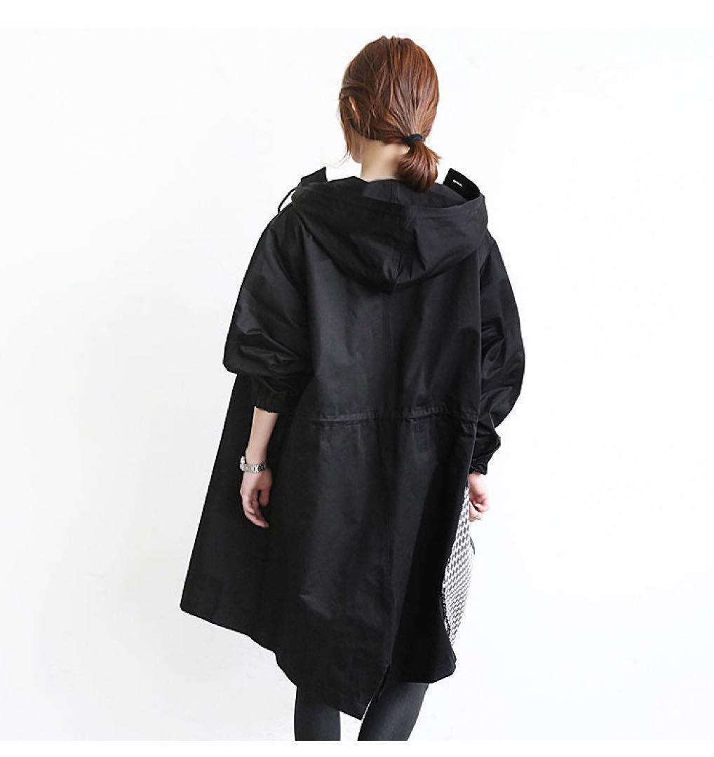 ブラック ロングコート 春 コート 5L 大きいサイズ フード付き 韓国の画像2